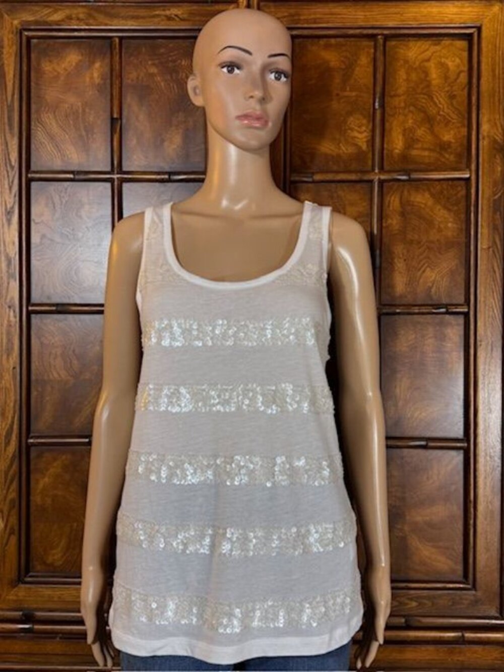 DKNY Heather White Matte White Sequin Stripe 100% Cotton Tank Top